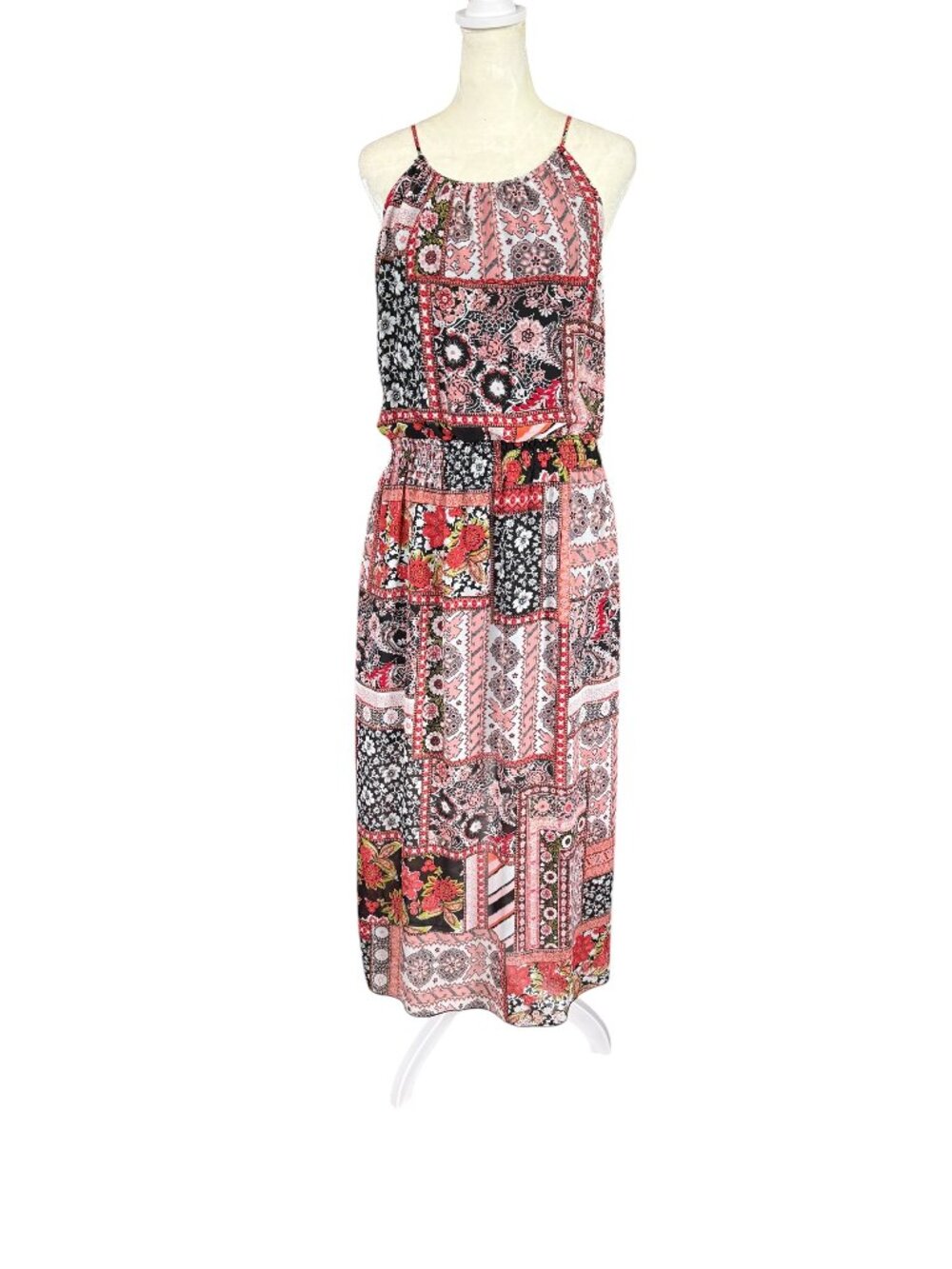Women's maxi dress multicolored patchwork print elastic waist spaghetti straps